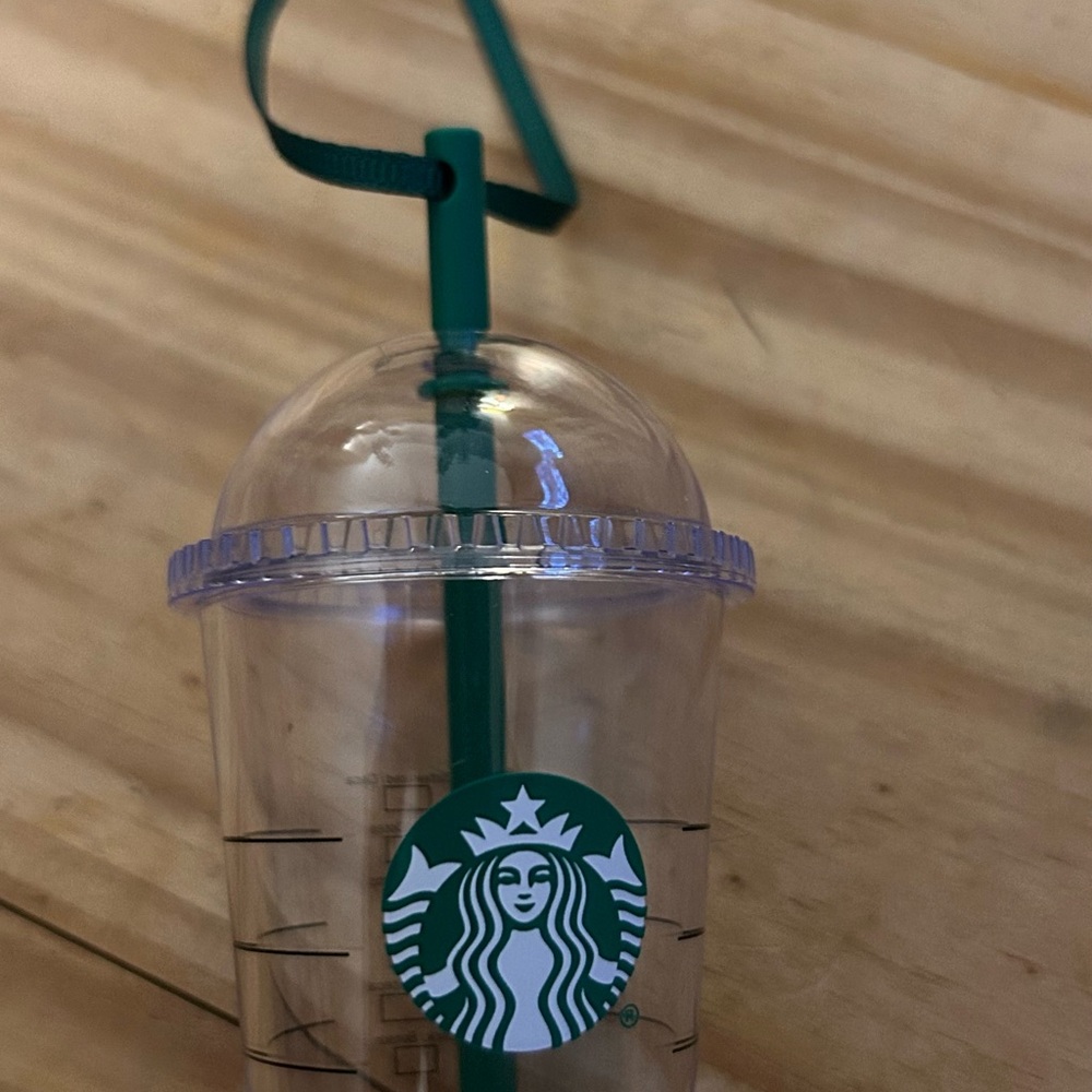 Starbucks Transparent Cup with Dome Lid and Teal Straw Christmas Ornament